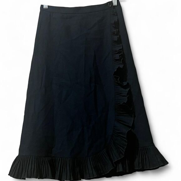 Vintage Wool Black Midi Skirt W/ Asymmetric Wrap Ruffle Detail & Button. - Picture 1 of 8